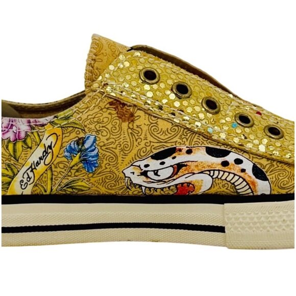 Vtg Y2K Ed Hardy Yellow Canvas Sneakers| McBling Grunge Sleaze Baddie Streetwear - Picture 13 of 16